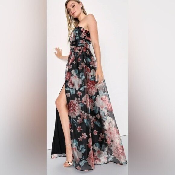 LULUS Bringing the Charm Floral Full Length Organza Gown One Shoulder NWT Sz S - Picture 2 of 11